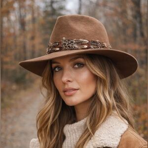 Barts Brown Wool Fedora Hat Feather Band Wide Brim Western Boho Size M